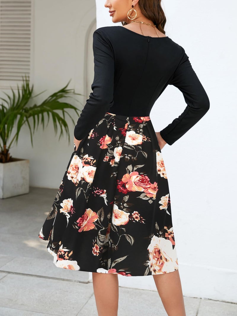 oxiuly Women's Vintage Patchwork Pockets Puffy Swing Casual Party Dress OX165 (Black-MDF9, m) - Image 3